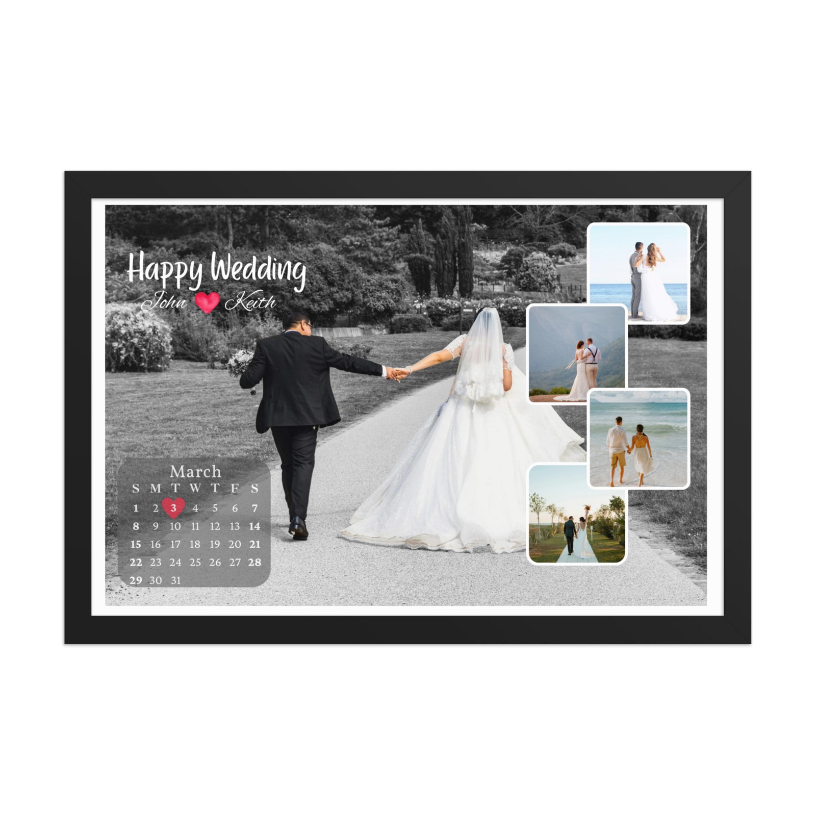 Personalized Wedding Photo Collage Frame, Custom Anniversary Calendar Print, Newlywed Gift with Names and Date, First Anniversary Gift for Couple
